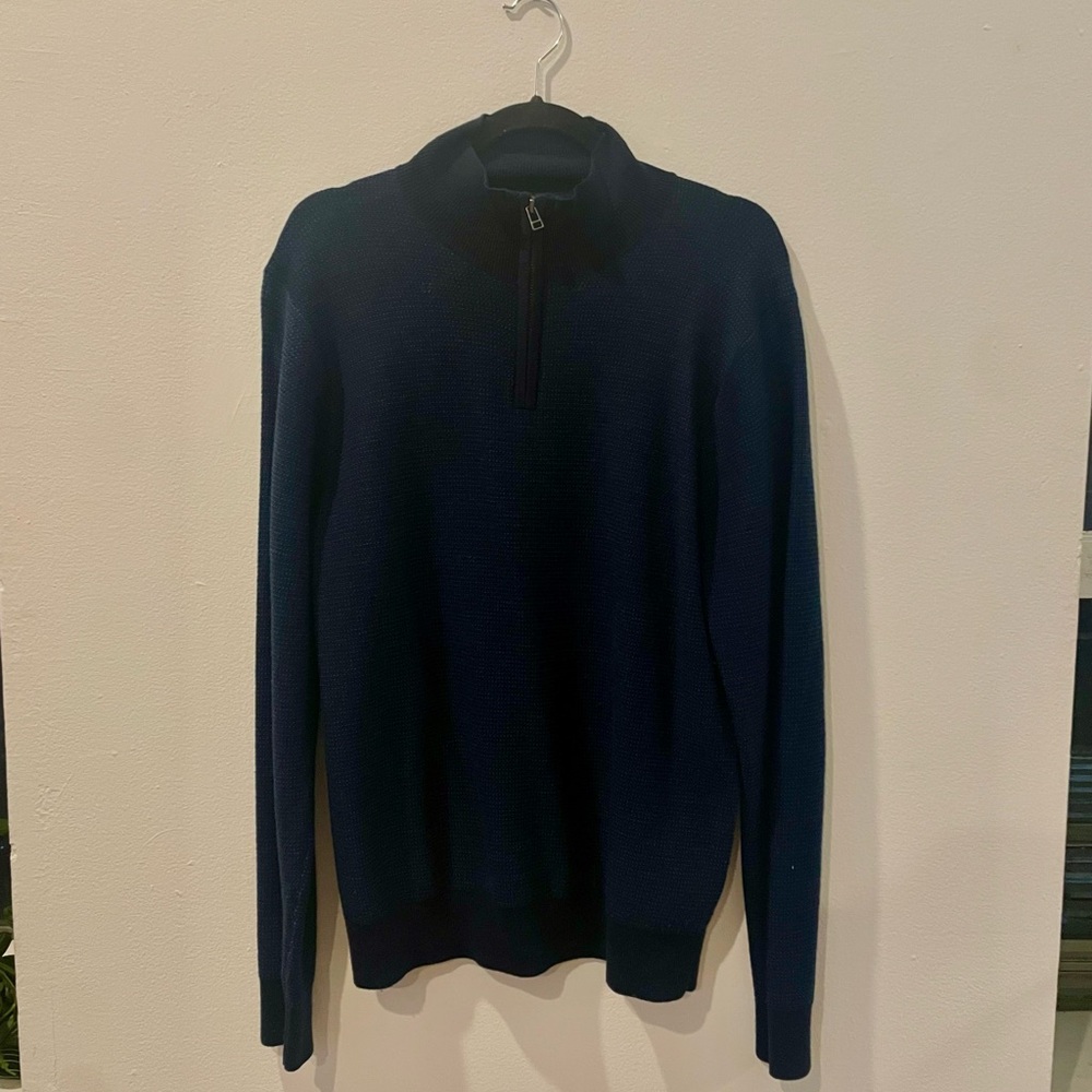 Bonobos Quarter Zip in navy blue with baby blue dots (large)